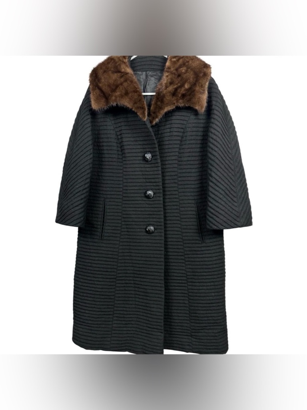 Vintage 1960s Kaybrooke New York black ribbed wool swing coat with real mink